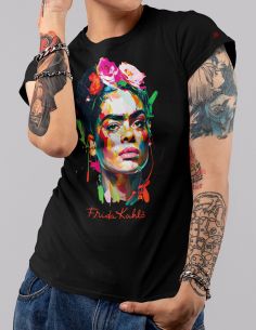 T-shirt donna Frida Kahlo Ufficiale stile colors energy art - nera - indossata